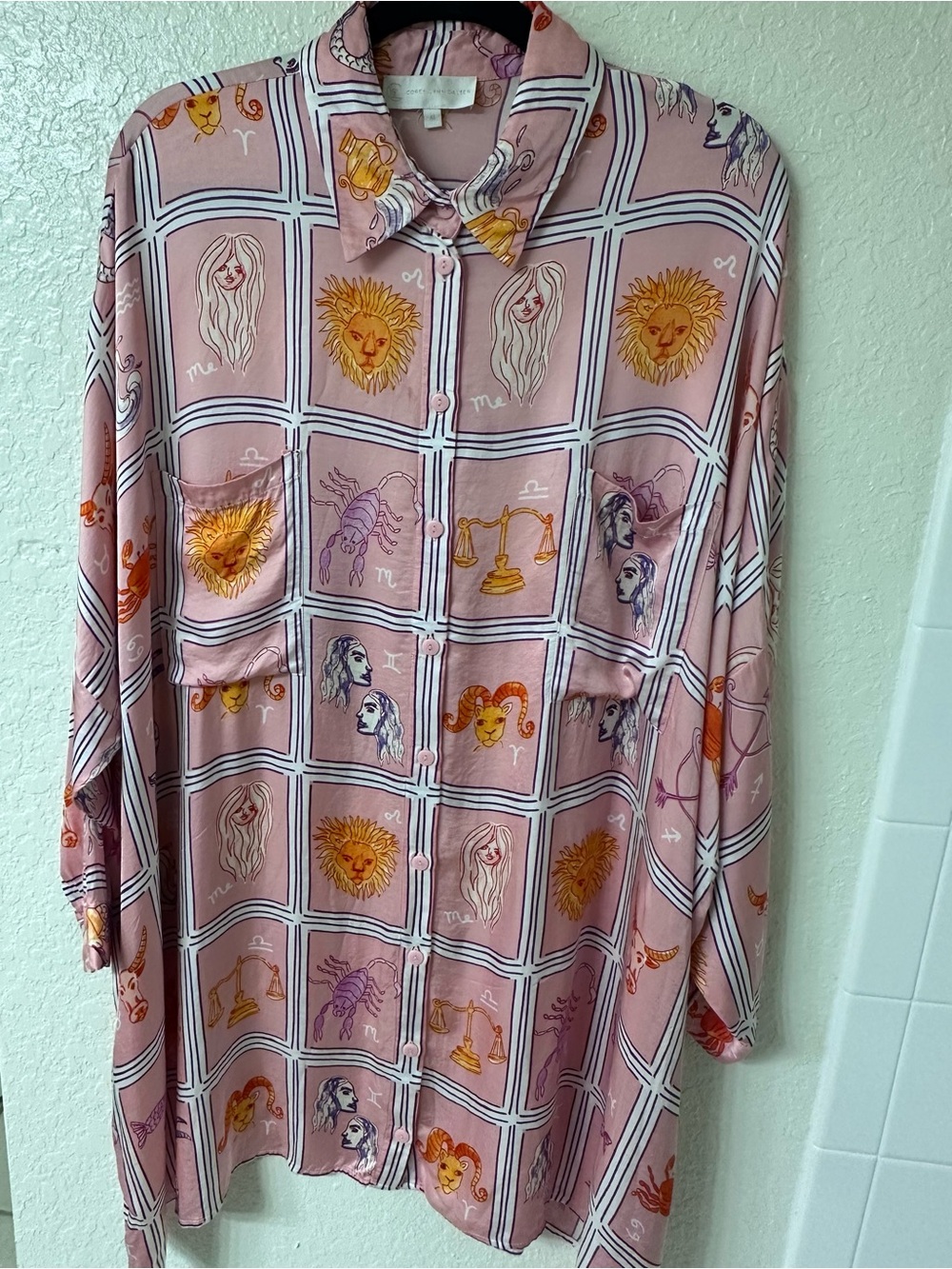 Corey Lynn Calter Zodiac Print Button Up Shirt Dress XL Pink Oversized - Picture 3 of 9
